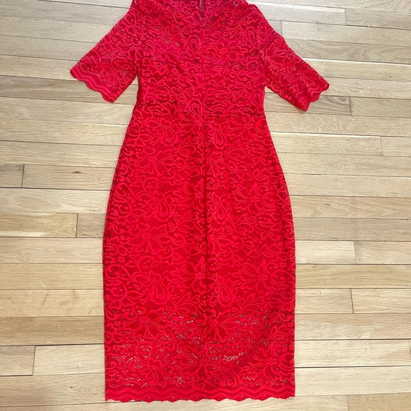 Express Dresses & Skirts - Express Red Midi Sheath Dress with 3/4 Sleeves and V-Neck for Cocktail